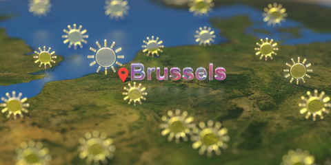 Sunny weather icons near Brussels city on the map, weather forecast related 3D rendering