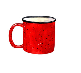 Red watercolor enamel mug. Isolated on a white background. Retro vintage style. Metal Cup