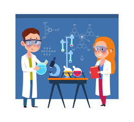 Canvas Print - Young chemists. Children put chemical experiments, girl boy wear white coats and using medical equipment vector illustration. Laboratory education experiment, science chemist