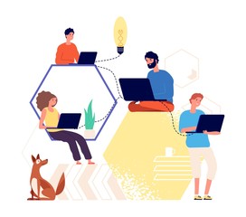 Canvas Print - Team working. Creative people thinking, find idea. Brainstorming, startup or creating project together. Remote workers, freelancers doing one business work vector illustration. Team creative work