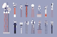 Communication Towers. Satellite Cellular Antenna, Wireless Mobile Telecommunication Equipment. Network Or Radio Radar Vector Illustration. Antenna Telecommunication Radio, Transmission Receiving
