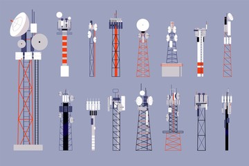 Canvas Print - Communication towers. Satellite cellular antenna, wireless mobile telecommunication equipment. Network or radio radar vector illustration. Antenna telecommunication radio, transmission receiving