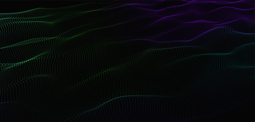 Fototapete - Low poly shape with colorful dots on light background. Abstract polygonal dark space background . Dynamic particles wave. Big data visualization 3D. Digital black landscape.