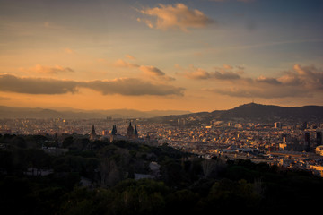 sunset over the city barcelona