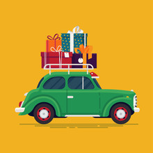 Cool Flat Design Vector Festive Holiday Design Element On Old Fashioned Car With Stack Of Gift And Present Boxes On Roof Rack