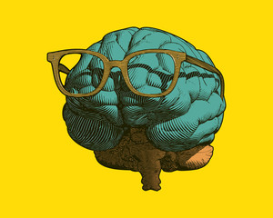 Wall Mural - Engraving brain with glasses illustration on yellow BG