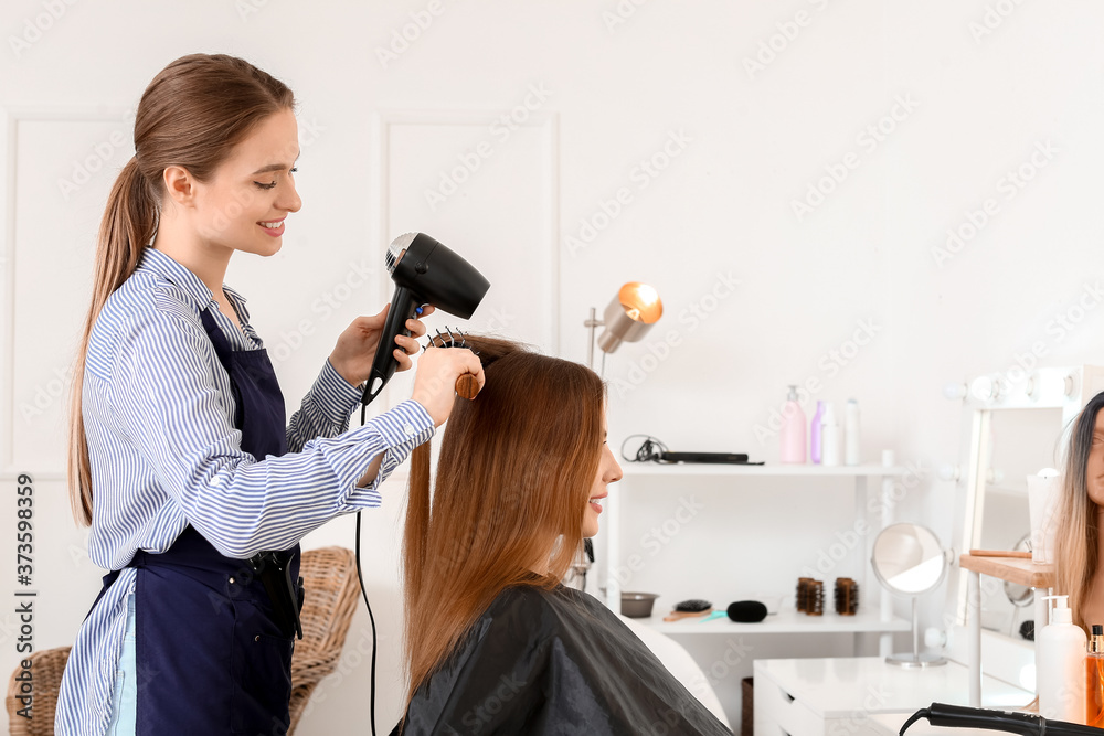 Hairdresser working with young woman in beauty salon - obrazy, fototapety, plakaty 