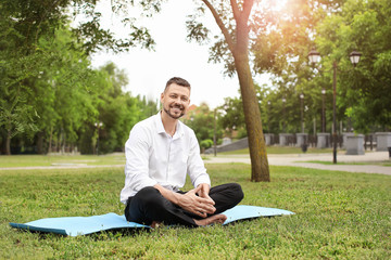 Wall Mural - Handsome businessman meditating in park