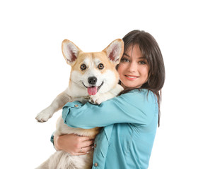 Poster - Woman with cute corgi dog on white background