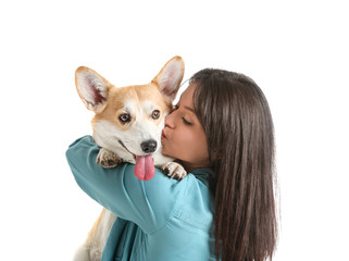 Canvas Print - Woman with cute corgi dog on white background