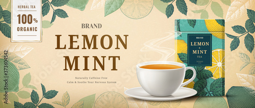 Engraving lemon mint tea banner ads © JoyImage