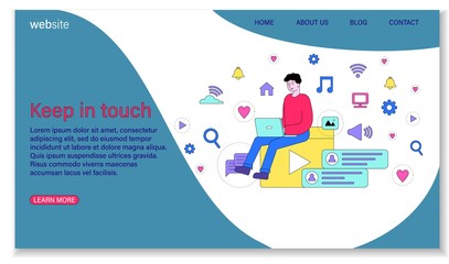 Fototapete - Keep in touch concept with man working on laptop surrounded by social media icons. Flat vector illustration. Web page template