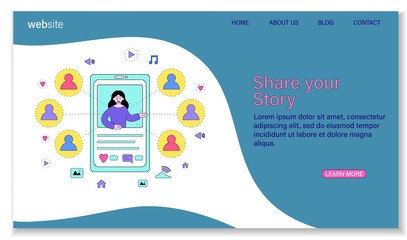 Fototapete - Share your story landing page template showing girl doing different activities in social network, flat vector illustration