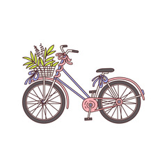 Wall Mural - Girly vintage bicycle with plants in front basket decorated with ribbons and bows