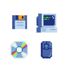 Poster - Old school computer icons set. Pixel art style. Stickers design. Video game 8-bit sprite. Retro computer floppy and cd disk isolated abstract vector illustration. Retro 80s game assets.