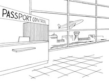 Passport Control Airport Interior Graphic Black White Sketch Illustration Vector