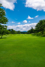 Golf Course With Beautiful Green Field. Golf Course With A Rich Green Turf Beautiful Scenery.