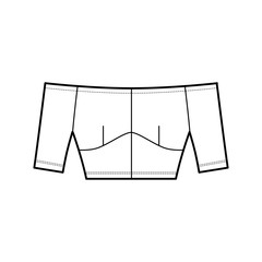 Wall Mural - Off-the-shoulder top technical fashion illustration with close fit, short sleeves, concealed zip fastening along back. Flat apparel template front, white color. Women men unisex shirt CAD mockup