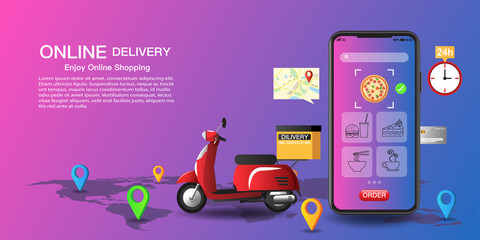 Wall Mural - Online delivery service on application and website concept, fast scooter service, digital marketing, banner, app, delivery parcels, or food to home and office with tracking map. Vector illustration.