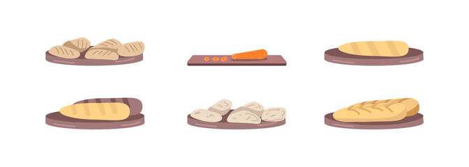 Poster - Vegan bakery flat color vector object set. Fresh bread loafs. Vegetables to cook meal. Vegetarian dishes preparation isolated cartoon illustration for web graphic design and animation collection