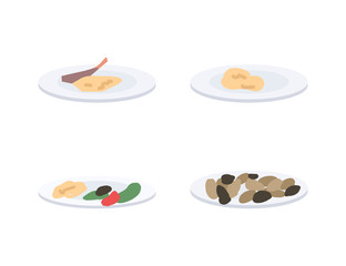 Poster - Plates with food flat color vector object set. Christmas dinner. New year festivities. Mashed potatoes. Dishes isolated cartoon illustration for web graphic design and animation collection