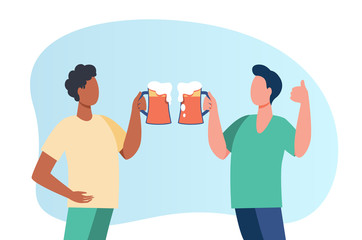 Male friends celebrating success in pub. Two men drinking beer, toasting glasses flat vector illustration. Bar, party, Octoberfest concept for banner, website design or landing web page