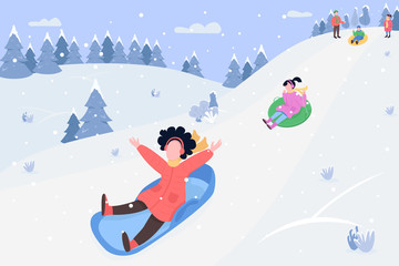 Wall Mural - Children on sleds semi flat vector illustration. Family bonding activity. Winter season entertainment. Play on mountain in snow. Parents and kids 2D cartoon characters for commercial use