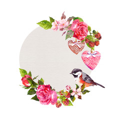 Wall Mural - Vintage floral wreath for wedding card, Valentine design. Flowers, roses, berries, vintage hearts and bird. Watercolor round frame for save date text