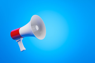 Red and white megaphone over blue background.