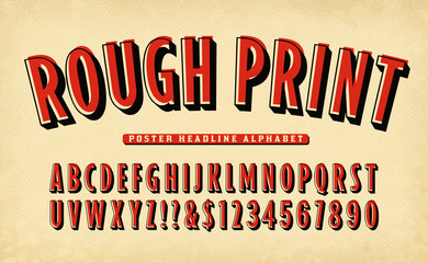 Sticker - A Vintage Style Rough Print Alphabet in Red with a Black Shadow.
