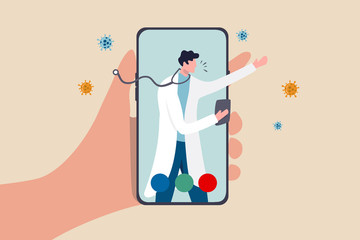 Telehealth health care technology doctor can diagnose and help patient via mobile phone or tele conference concept, patient hand carry mobile application with doctor, physician diagnose virus symptom.