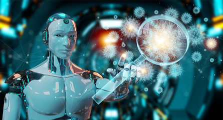 Poster - Robot analyzing holographic cell projection through magnifying glass 3D rendering