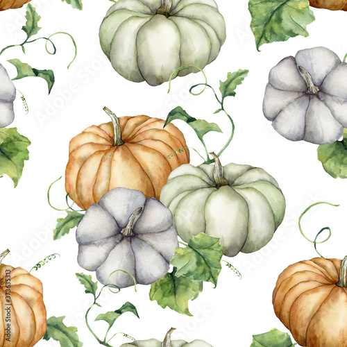 Cuadros en Lienzo Watercolor pumpkins and leaves seamless pattern