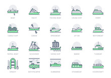Ship, Boat Line Icons. Vector Illustration Included Icon As Yacht, Cruise, Cargo Shipping, Submarine, Ferry, Canoe, Schooner Outline Pictogram For Water Transport. Green Color, Editable Stroke