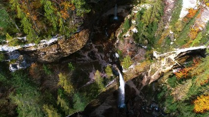 Wall Mural - Waterfall, lakes and autumn forest Plitvice National Park, Croatia, aerial drone view
