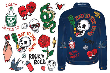 a set of tattoo style badges and an example of them applied on a denim jacket