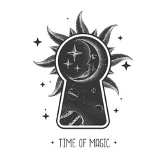 Wall Mural - magic witchcraft keyhole silhouette with crescent moon on outer space background. vector illustratio