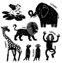 A Set Of Cute African Animals Drawn In A Rough Stamped Style. Vector Ilustration. 