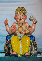 Freshly made, painted, hand crafted clay idol of Hindu god Lord Ganesha.