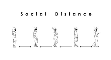 Wall Mural - social distance. Full length of cartoon sick people in medical masks standing in line against at a safe distance. outline black vector illustration