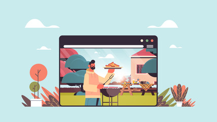 Wall Mural - happy man preparing barbecue sausages at home picnic in backyard online cooking concept web browser window horizontal portrait vector illustration