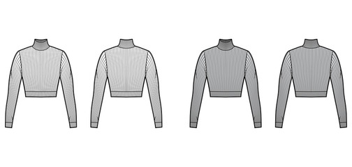 Wall Mural - Cropped turtleneck ribbed-knit sweater technical fashion illustration with long sleeves, close-fitting shape. Flat jumper apparel template front back white grey color. Women men unisex shirt top CAD