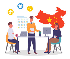 Wall Mural - Business meeting in office with partners from china about the conclusion trade cooperation. Businessmen siting in office at a table discuss a plan about collaboration. Business meeting trade relations