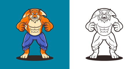 Coloring book cartoon illustration fox the body builder