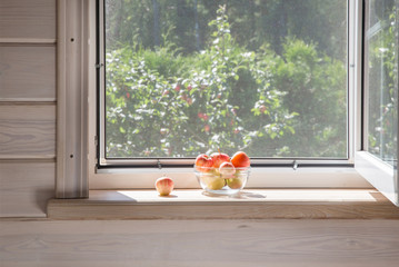 White window with mosquito net in a rustic wooden house overlooking the garden. Organic apples in bowl on windowsill.