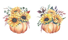 Watercolor Hand Painted Floral Sunflower Bouquets With Pumpkins.Watercolor Floral Illustration With Sunflowers -  For Wedding Invite, Stationary, Greetings, Wallpapers, Background.