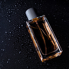 Wall Mural - Perfume bottle on a dark background with water drops