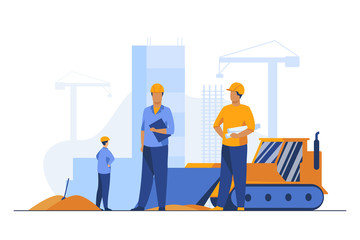 Poster - Builders in helmets working at construction site. Machine, building, worker flat vector illustration. Engineering and development concept for banner, website design or landing web page