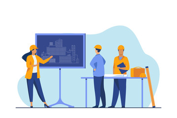 Wall Mural - Female engineer standing near chalkboard explaining project. Draft, building, worker flat vector illustration. Construction and architecture concept for banner, website design or landing web page