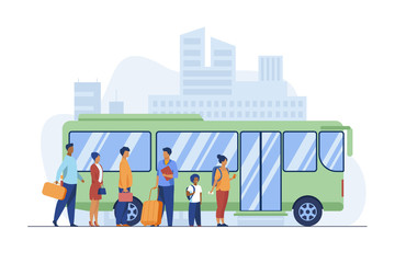 Poster - Passengers waiting for bus in city. Queue, town, road flat vector illustration. Public transport and urban lifestyle concept for banner, website design or landing web page